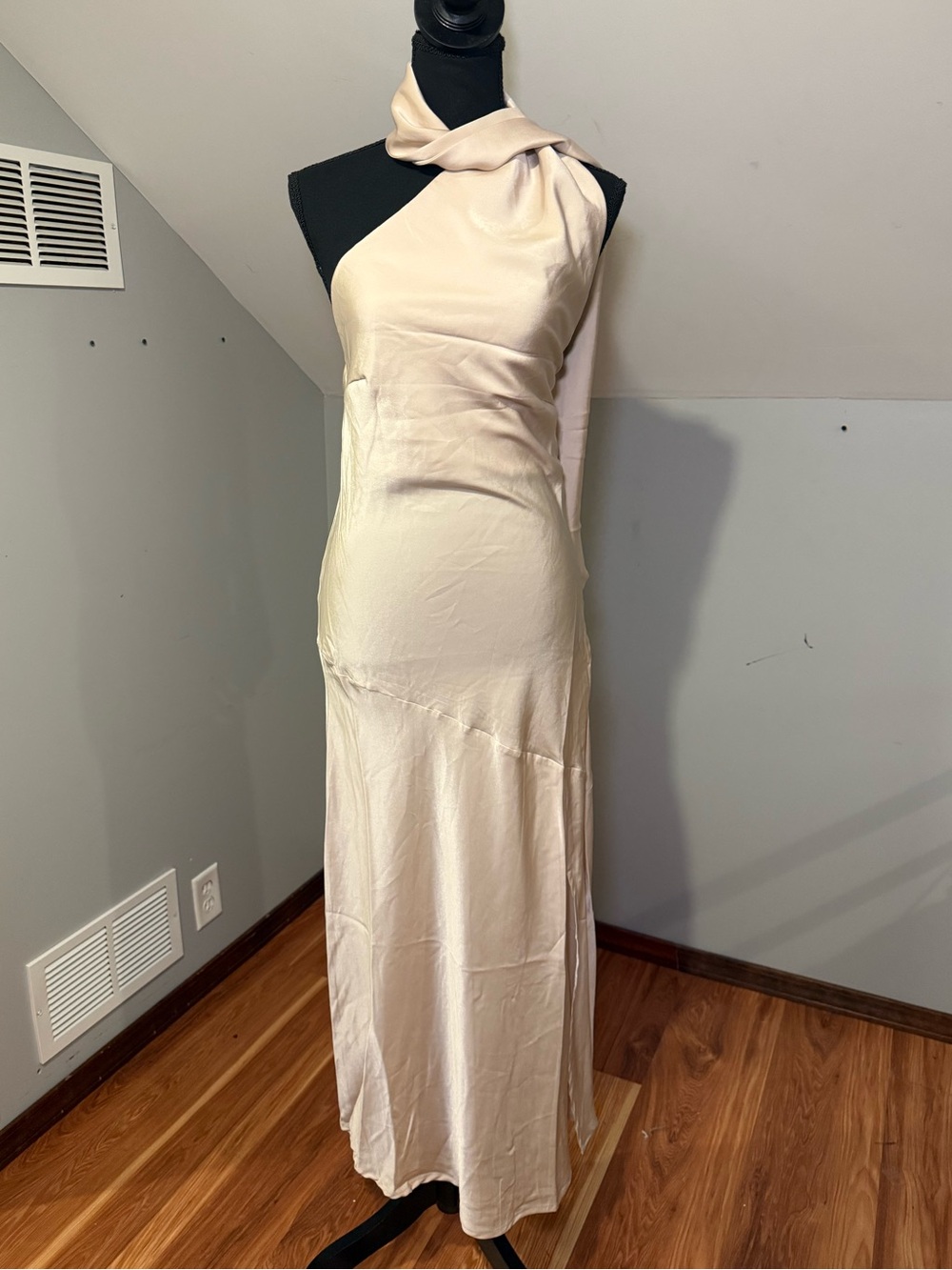 HYFVE One-Shoulder Satin Maxi Dress with Open Back-Champagne